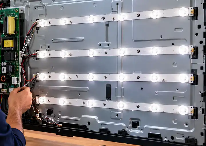 نوارهای LED نور پسزمینه در تلویزیون بازشده هنگام بررسی فنی بکلایت